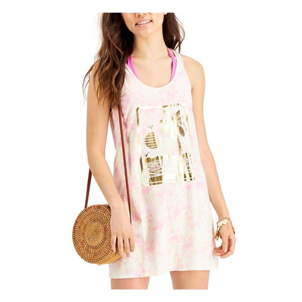 MIKEN Women's Pink Tie Dye Lace-Up Back Metallic Scoop Neck Swimsuit Cover Up XS